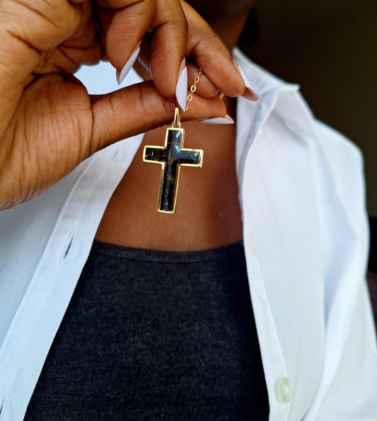 Gold Black Tourmaline Cross Necklace
