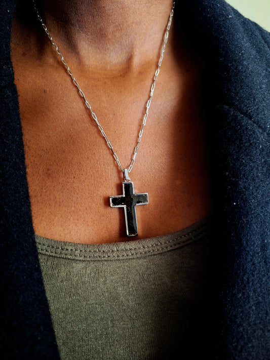 Silver Black Tourmaline Cross Necklace
